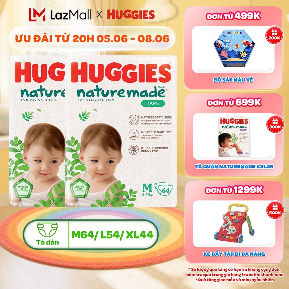 Combo 2 Tã/Bỉm dán Huggies NatureMade NB60/S82/M64/L54/XL44