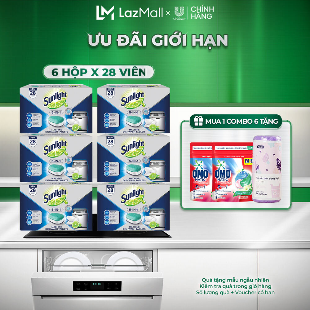 Combo 6 hộp Viên Rửa Chén Bát SUNLIGHT 5 in 1 Cho Máy Rửa Chén Bát (28V/hộp) (bao bì tùy lô nhập hàn