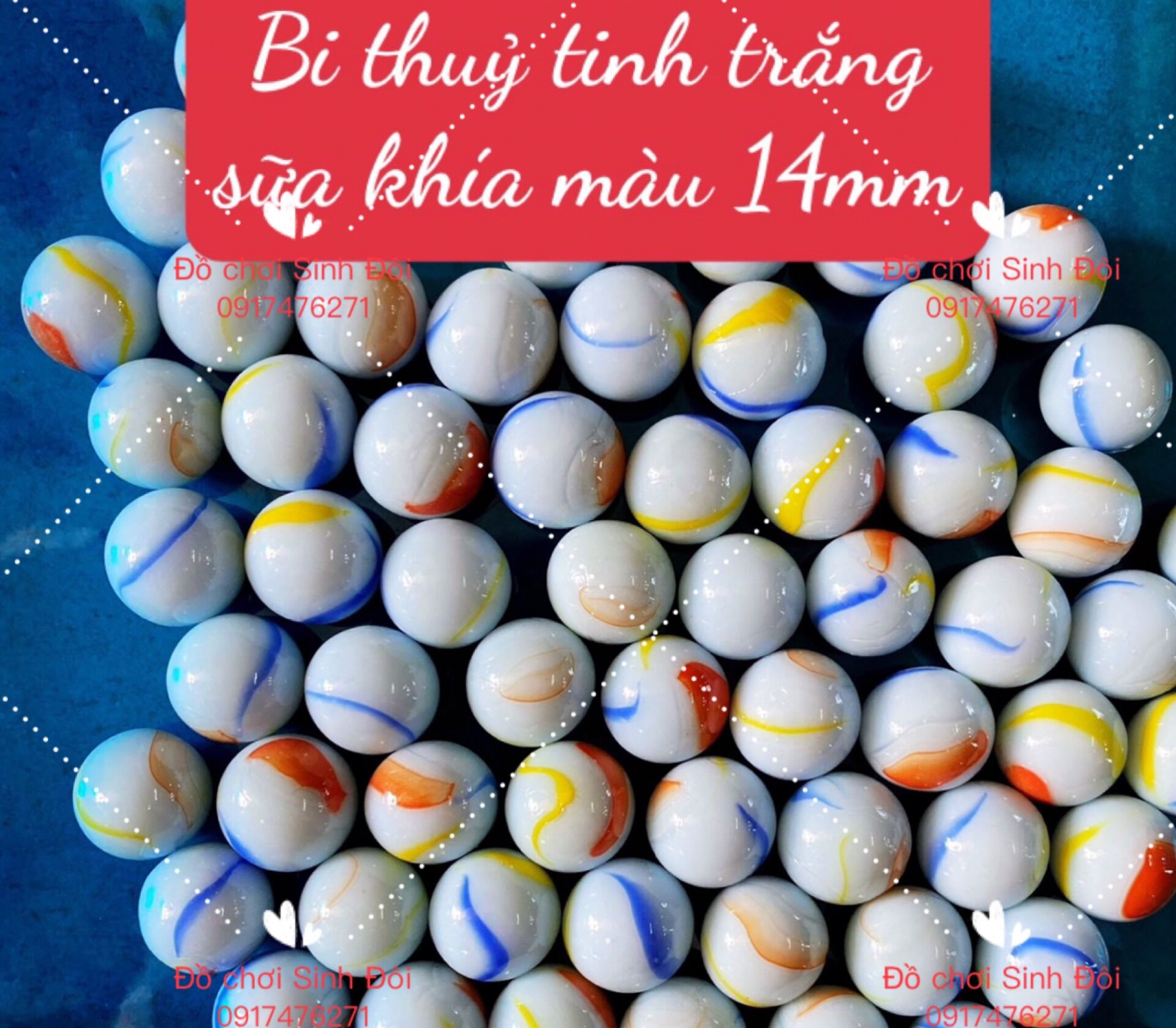Bi thủy tinh trắng sữa khía màu nhỏ 16mm - 70 viên