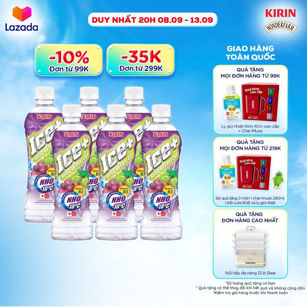 [Duy nhất 20h 08-13.09 - Giao hàng toàn quốc] Lốc 6 Chai Nước Vị Trái Cây Kirin Ice+ - Nho 490ml