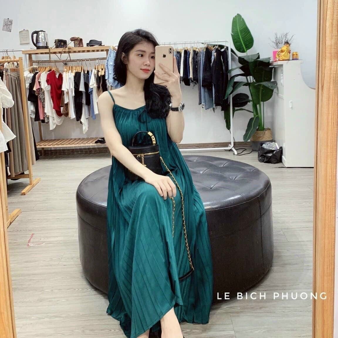 [HCM]Đầm maxi hai dây dập ly chất phi bóng ( ảnh thật )