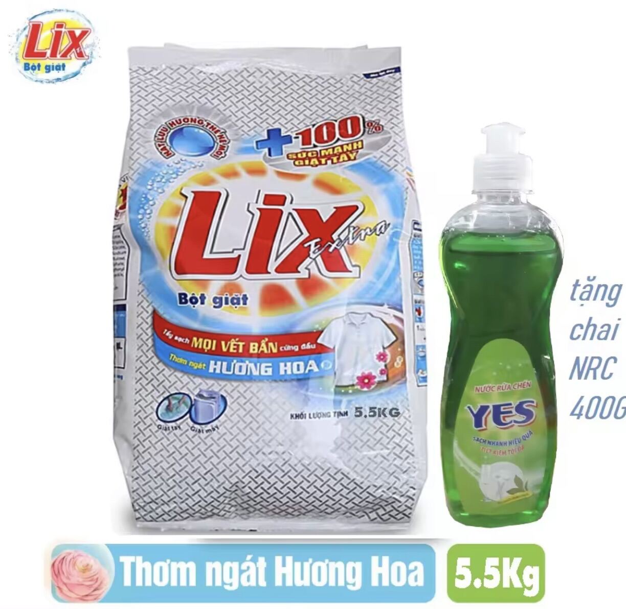 Bột giặt Lix Extra hương hoa túi 5,5kg có tặng nước rửa chén 750g