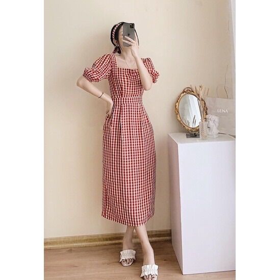 Đầm caro đỏ dáng dài dịu dàng CR99