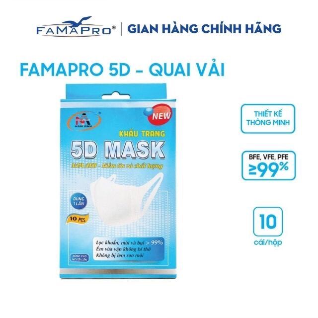 Khẩu trang y tế kháng khuẩn 3 lớp Famapro Nam Anh 5D Mask dây vải.