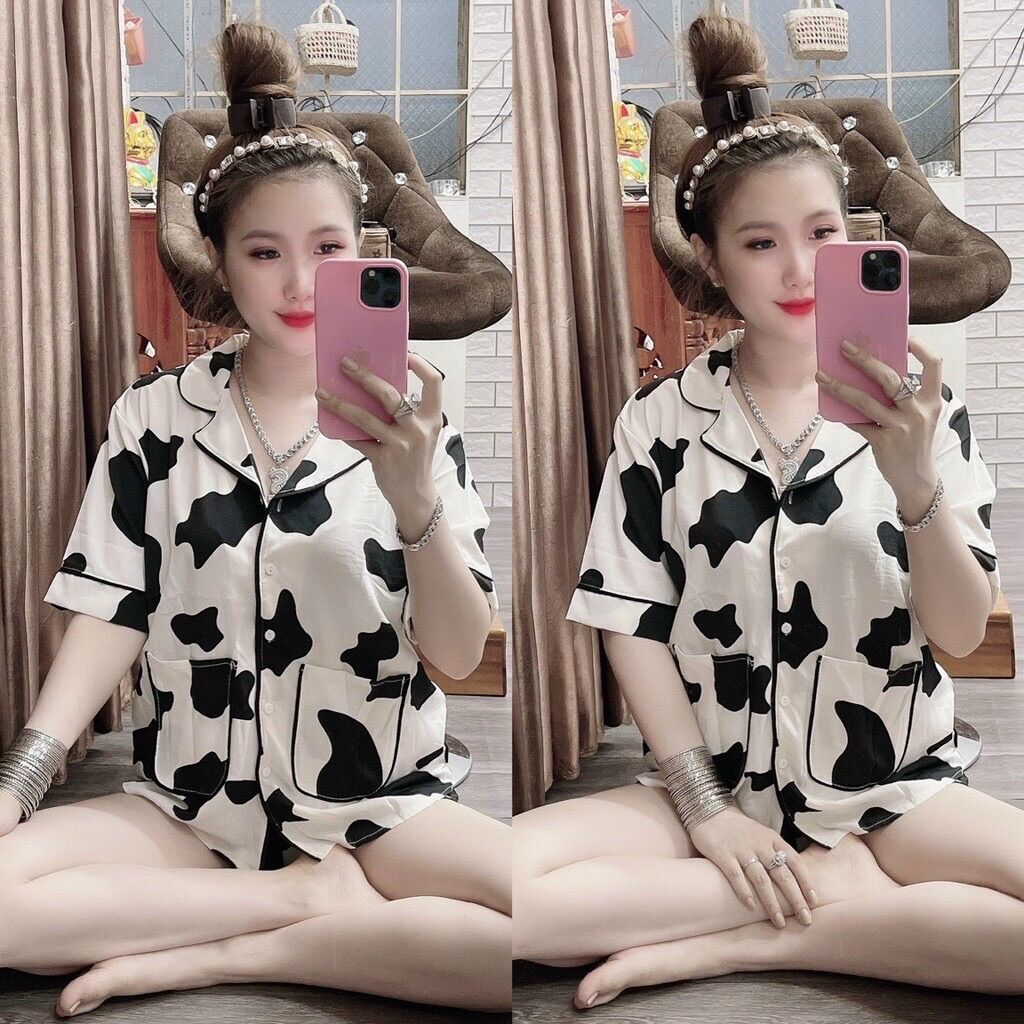 Bộ đồ ngủ quần đùi bò sữa vải lụa 100d form cánh dơi mềm mịn freesize
