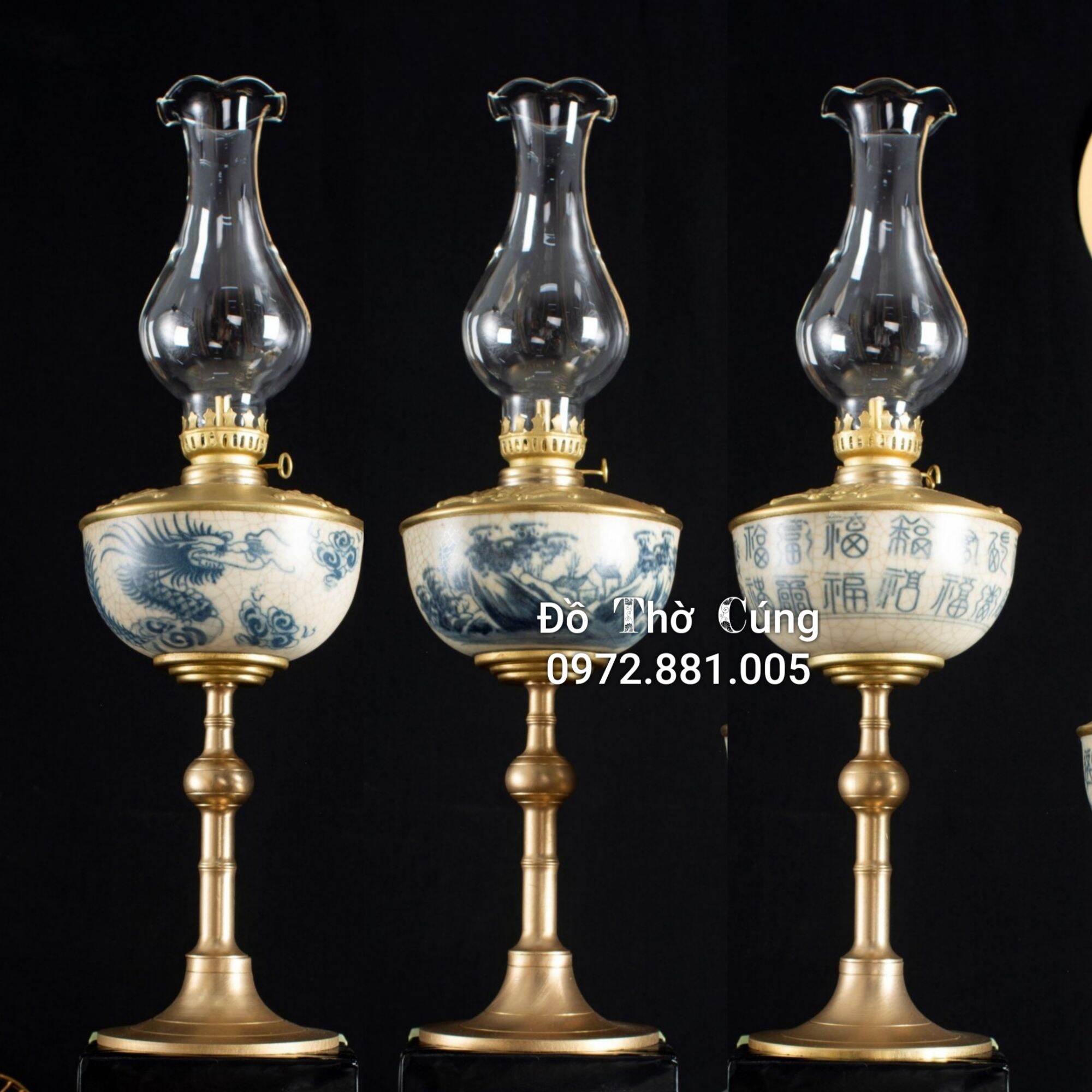 Đèn thờ , Đèn dầu men rạn cổ bọc đồng Bát Tràng cao cấp