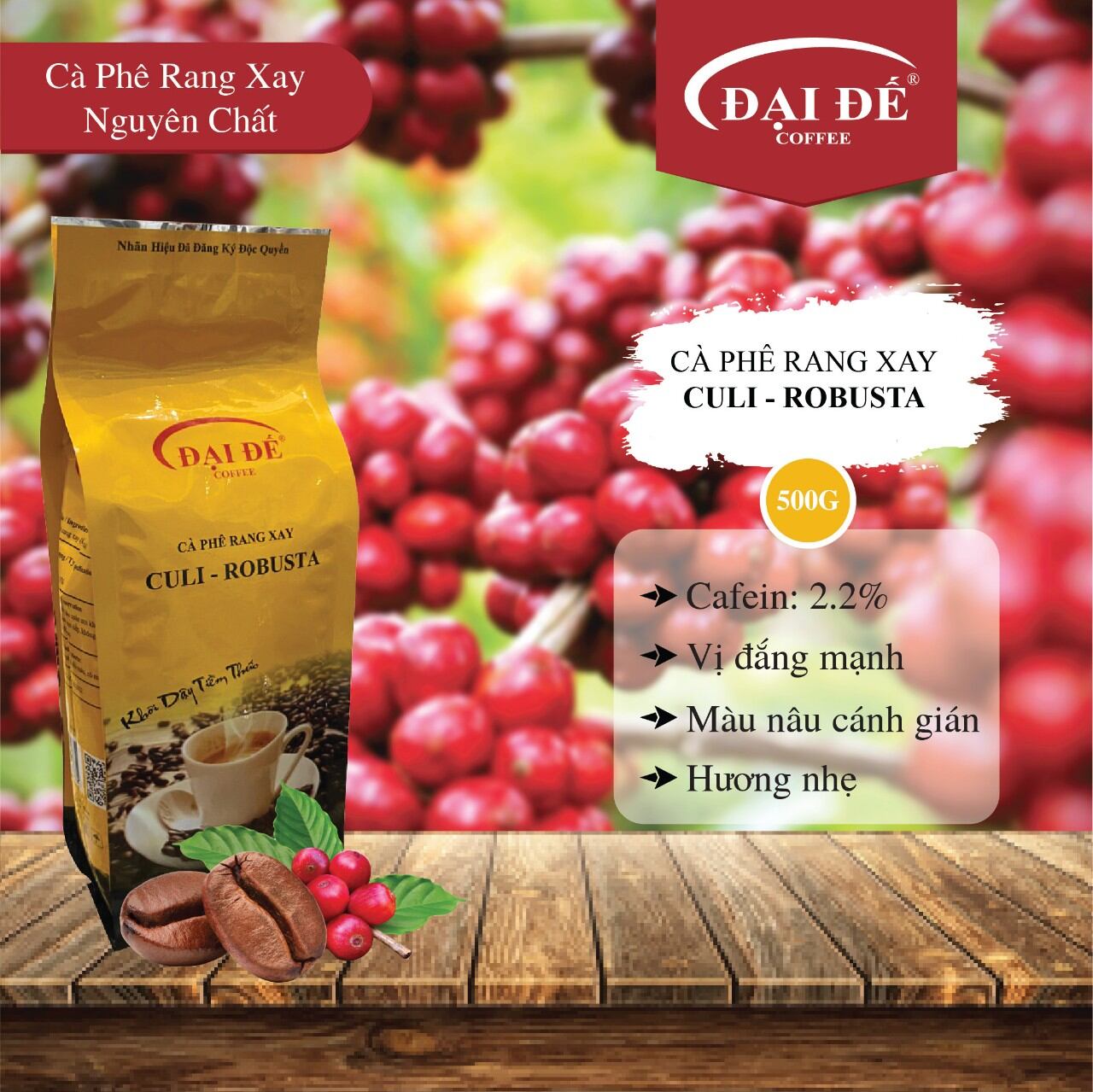 Cà phê rang xay nguyên chất culi-robusta 500g