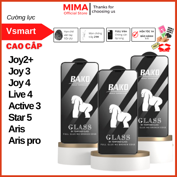Cường lực baiko vsmart joy 3, joy 4, live 4, active 3, star 5,joy2plus,aris,aris pro full màn hình tặng kèm bộ dán