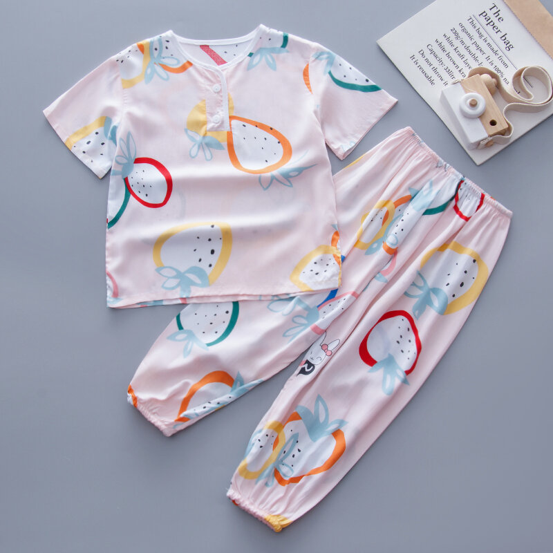 Đồ ngủ lụa cotton, đồ mặc ở nhà mỏng cho bé trai mùa hè cho trẻ em, bộ quần áo điều hòa cho bé trai lụa bông cho bé gái