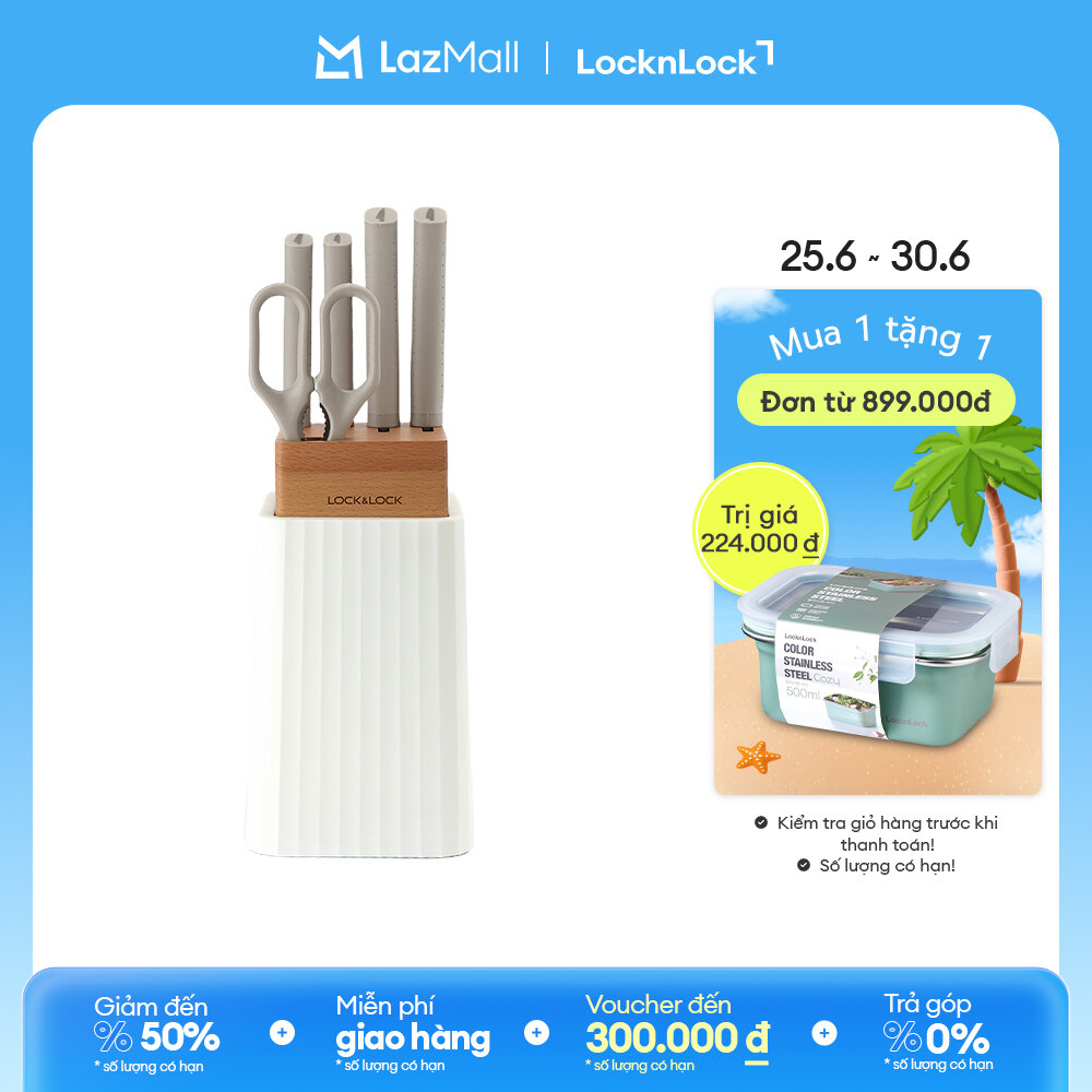 BỘ DAO 6 MÓN LockLock (4 dao 1 kéo 1 hộp đựng dao) - màu trắng - CKK802 - thép không gỉ sắc bén, có kí hiệu trên cán dao