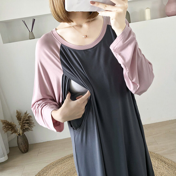 Váy Liền Có Thể Cho Con Bú Bà Bầu Váy Ngủ Áo Cho Con Bú Mẫu Mỏng Tay Dài Vải Modal Mùa Xuân Hè Váy Ở Cữ Đi Ra Ngoài Xuân Thu