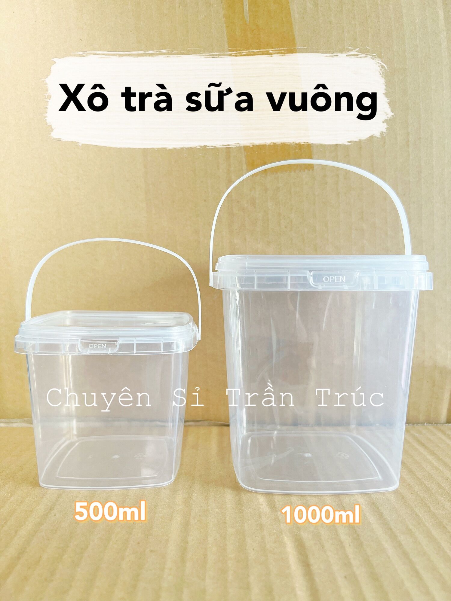 Xô vuông 500ml, 1000ml kèm quai xách ,xô nhựa, xô trà sữa, xô trái cây dầm, xô bánh kẹo, xô thực phẩm
