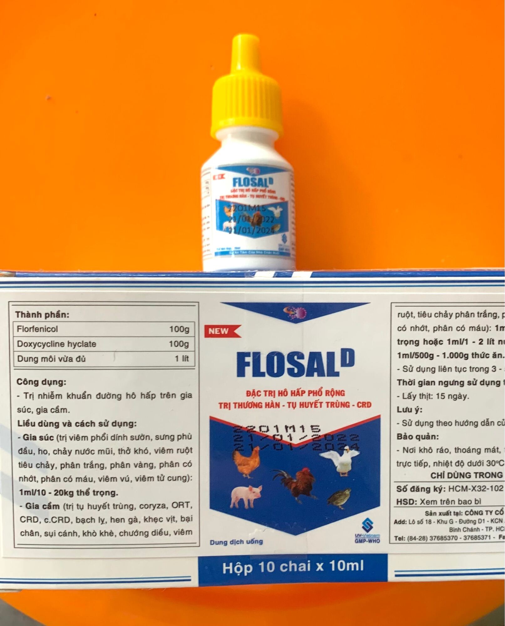 1 chai Flosal D khò khè, sổ mũi, sưng phù đầu cho gà đá và chim cảnh.