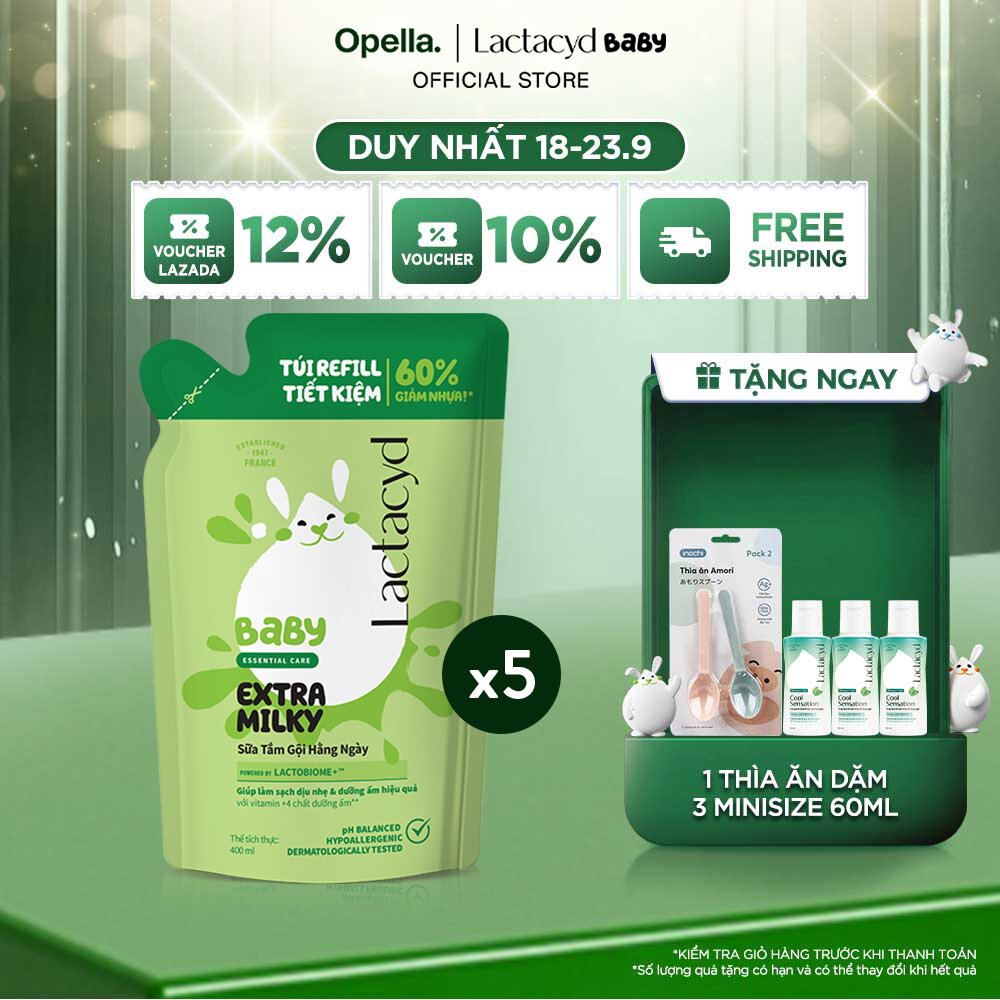 Bộ 5 Túi Refill - Sữa Tắm Gội Trẻ Em Lactacyd Milky Bảo Vệ, Nuôi Dưỡng Da và Tóc Bé Vượt Trội 400ml