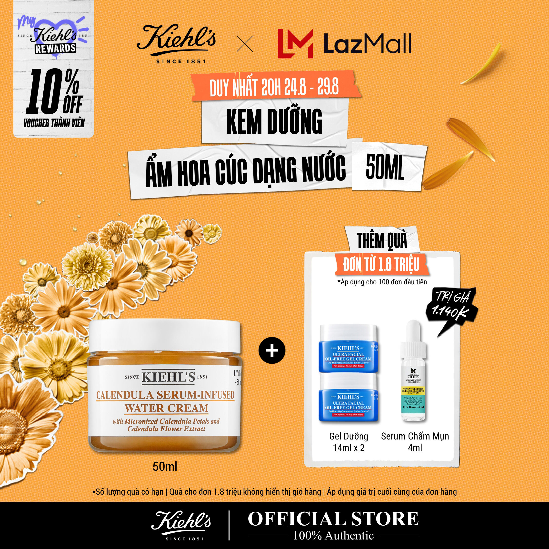 [VOUCHER 10% - TẶNG QUÀ ĐƠN 1.8TR] Kem dưỡng ngậm nước Kiehl's Calendula Serum-Infused Water Cream 50ml