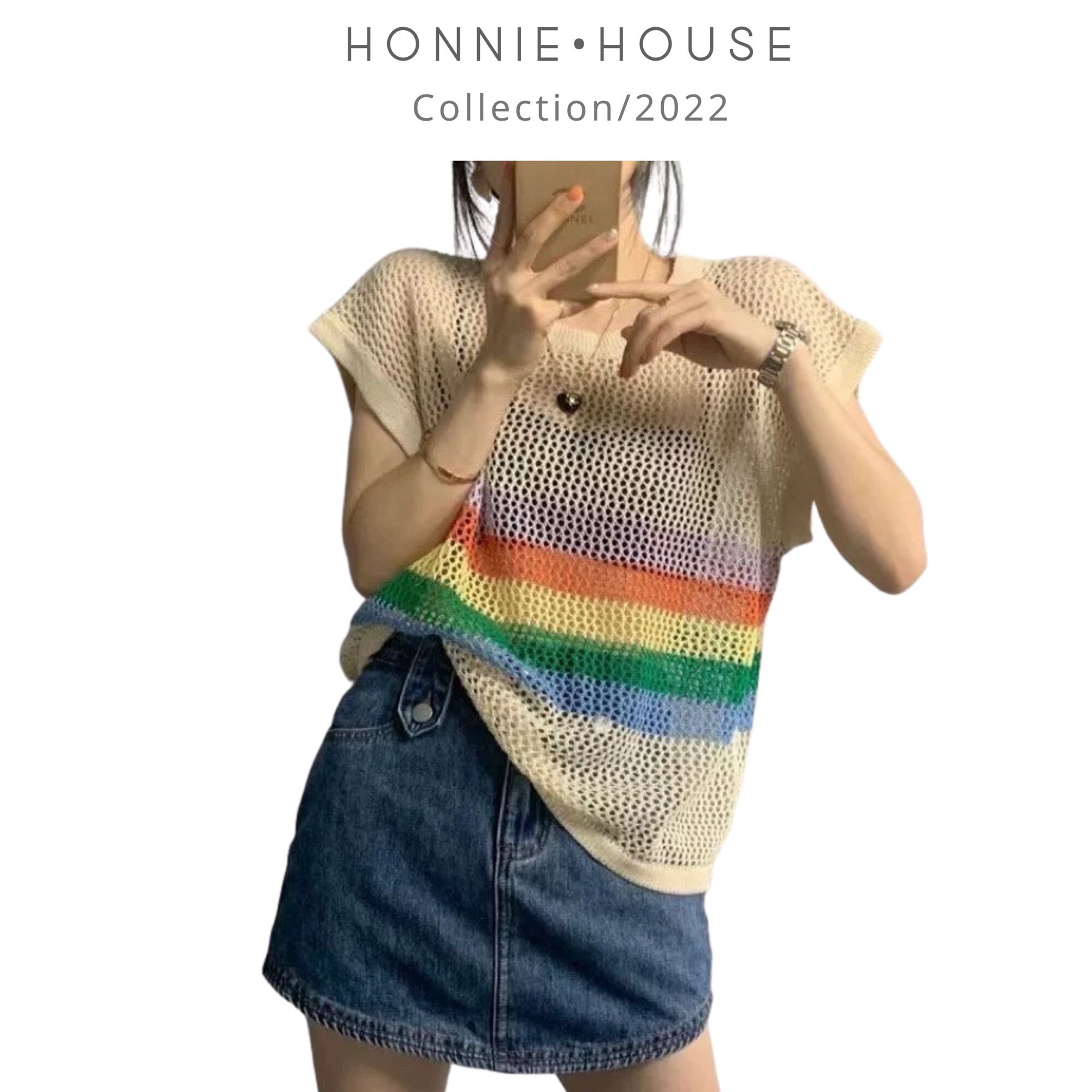 Áo len lưới kim tay hến mix sọc cầu vồng