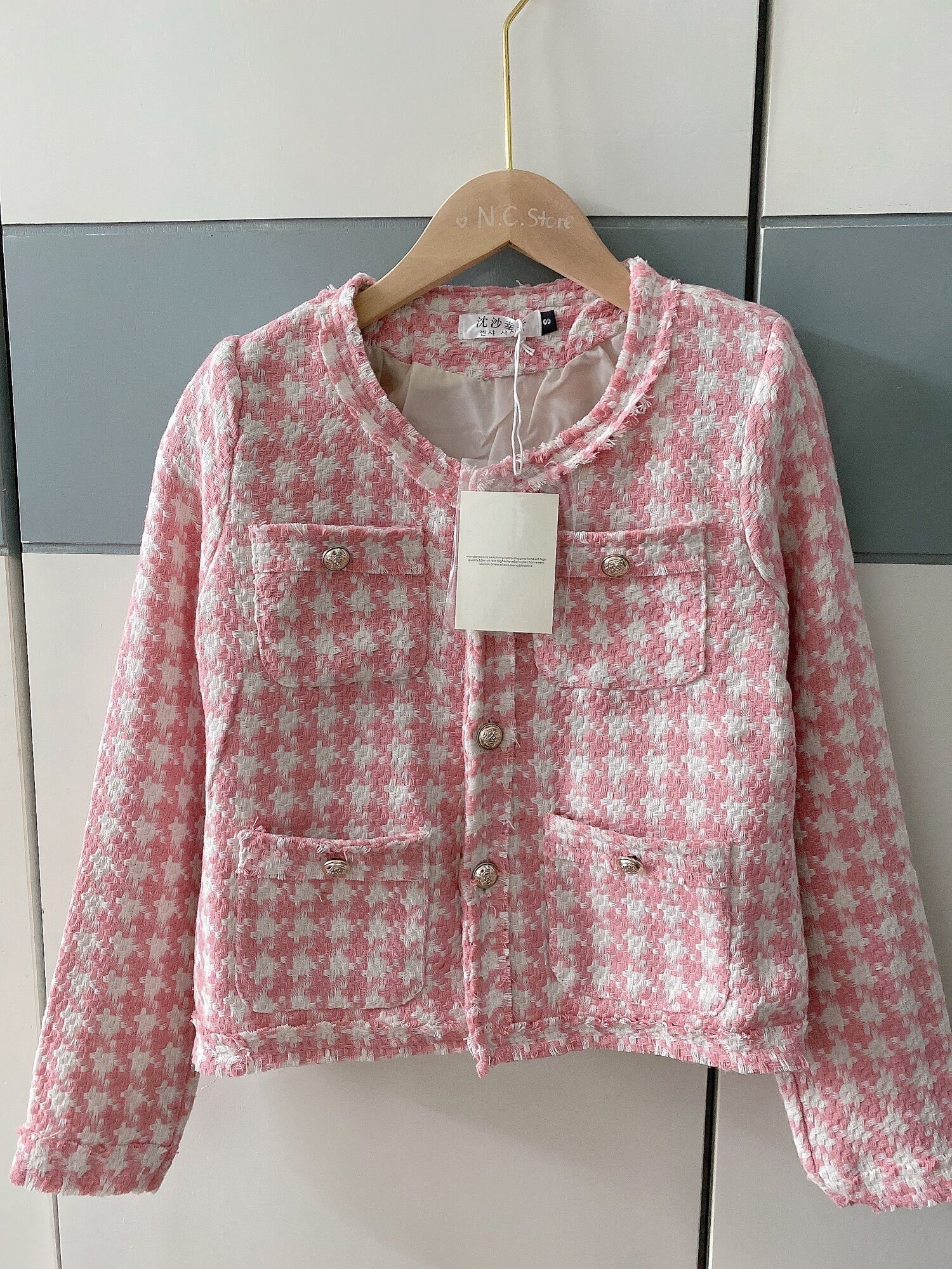 Áo Khoác Dạ Tweed Cúc Ngọc Viền Nhũ