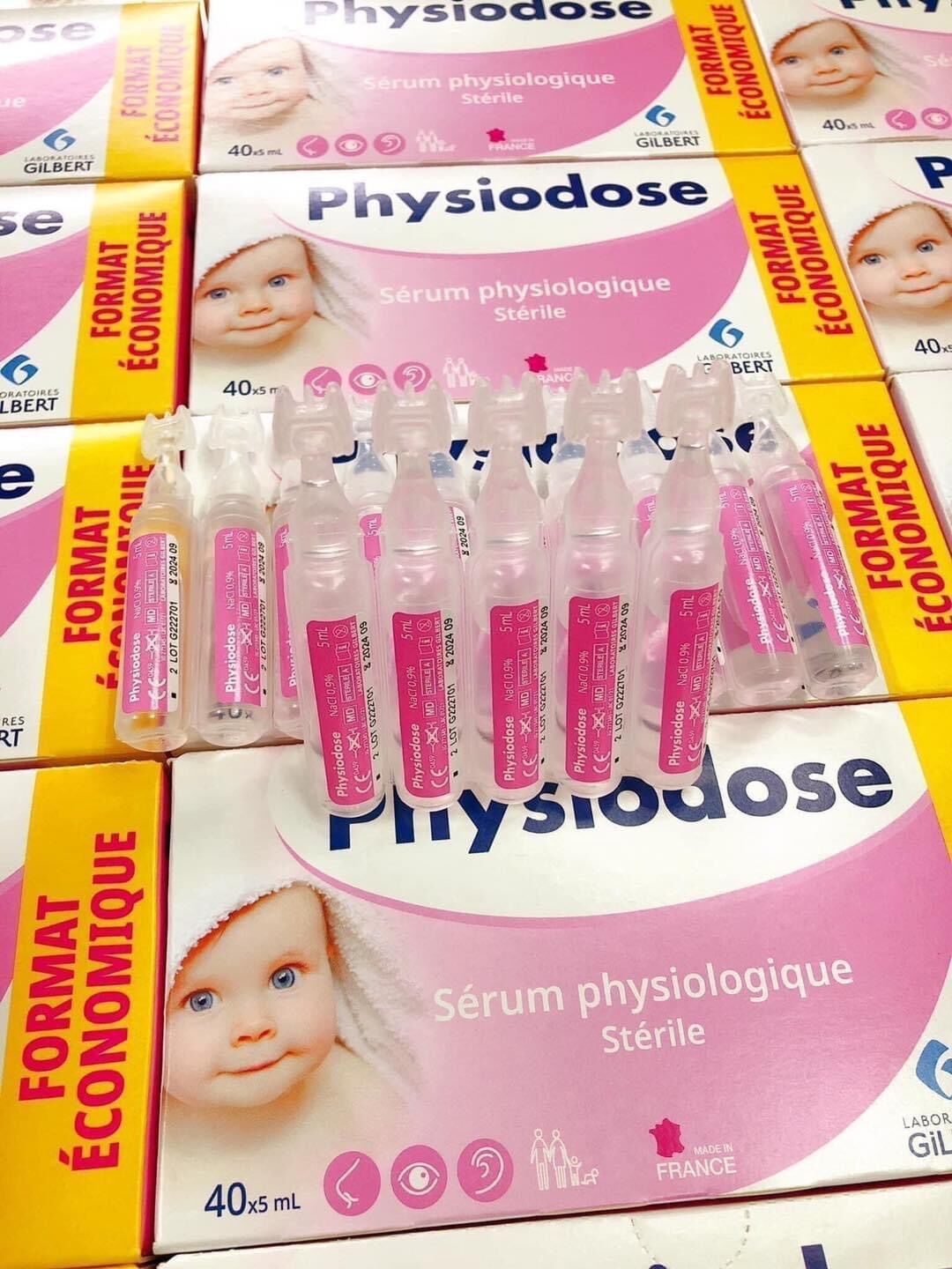 Nước Muối Sinh Lý Physiodose Pháp Tép Hồng( Hộp 40 ống x 5ml )