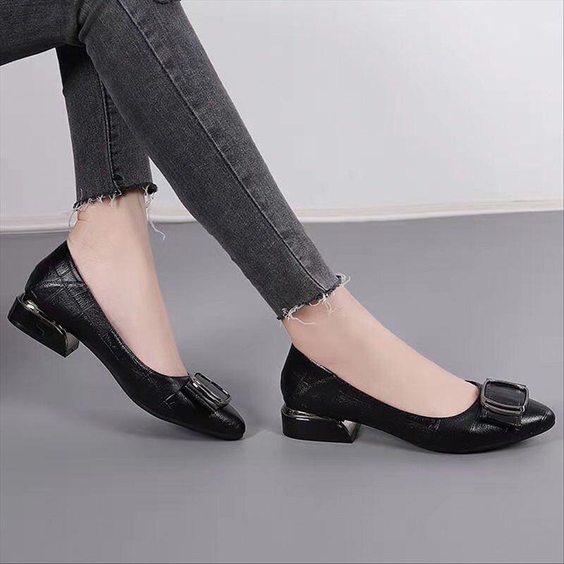Giày Một Lớp Đế Bằng G23d Giày Làm Việc Màu Đen Cho Nữ Giày Cho Mẹ Mùa Hè Giày Da Nhỏ Cho Nữ Giày Da Thật Cho Nữ Nữ