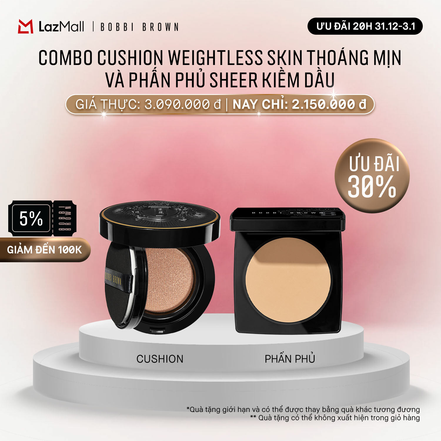   ĐỘC QUYỀN 20H 31.12 - 3.1  Bobbi Brown - Bộ 2 món: Phấn nước Bobbi Brown Weightless Skin Cushion Foundation SPF 40 PA+++ Phấn phủ Bobbi Brown Sheer Finish Pressed Powder 