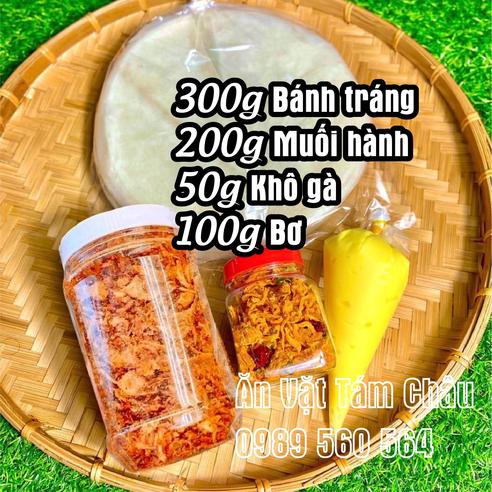 Combo bánh tráng khô gà nhỏ.Gồm 300g bánh tráng+ 200g muối ruốc hành phi+ 100g bơ+ 50g khô gà