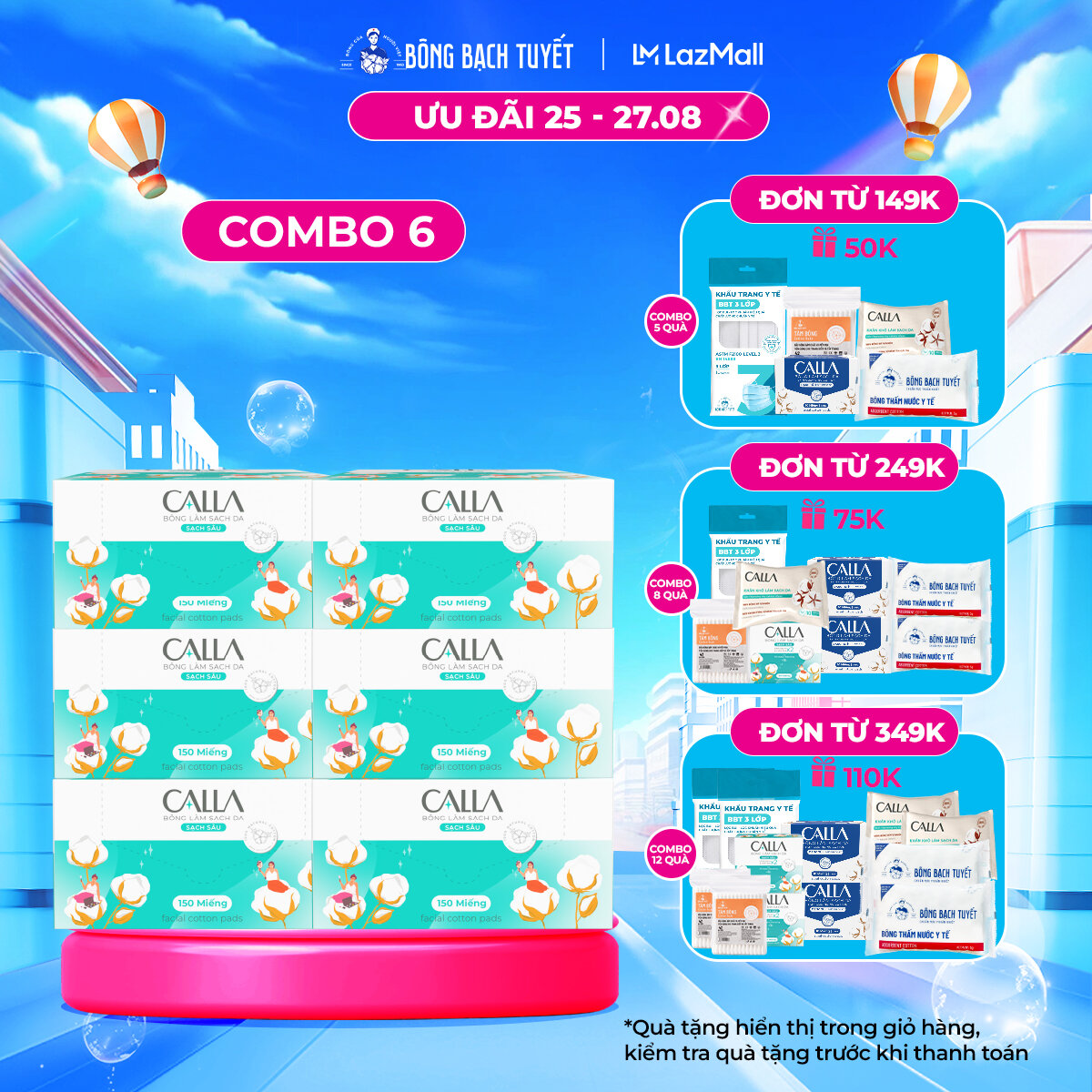 Combo 6 Hộp Bông Tẩy trang làm sạch da Calla Sạch Sâu 150 miếng/hộp