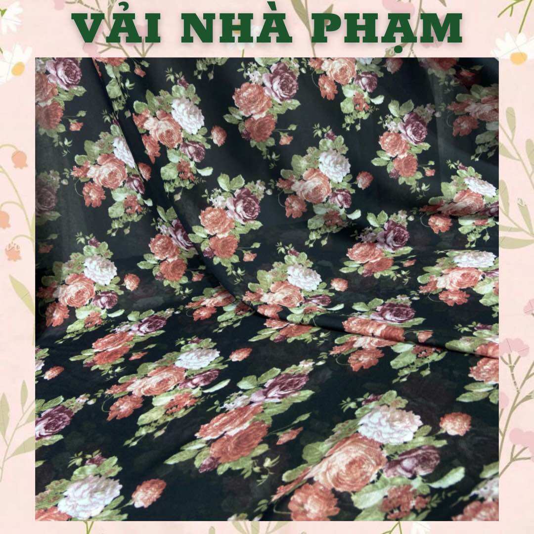 Vải voan lụa hoa hồng nền đen-khổ 1.5m-vải nhà phạm