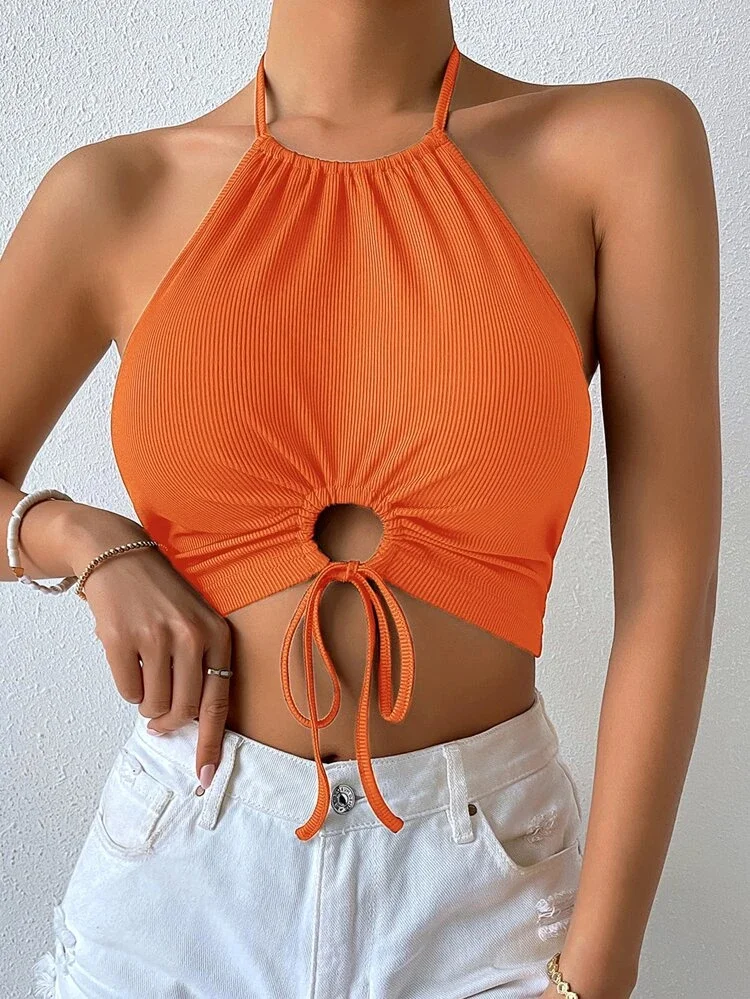 C620 Áo croptop CAM cổ yếm cột Eo khoét tròn rút dây