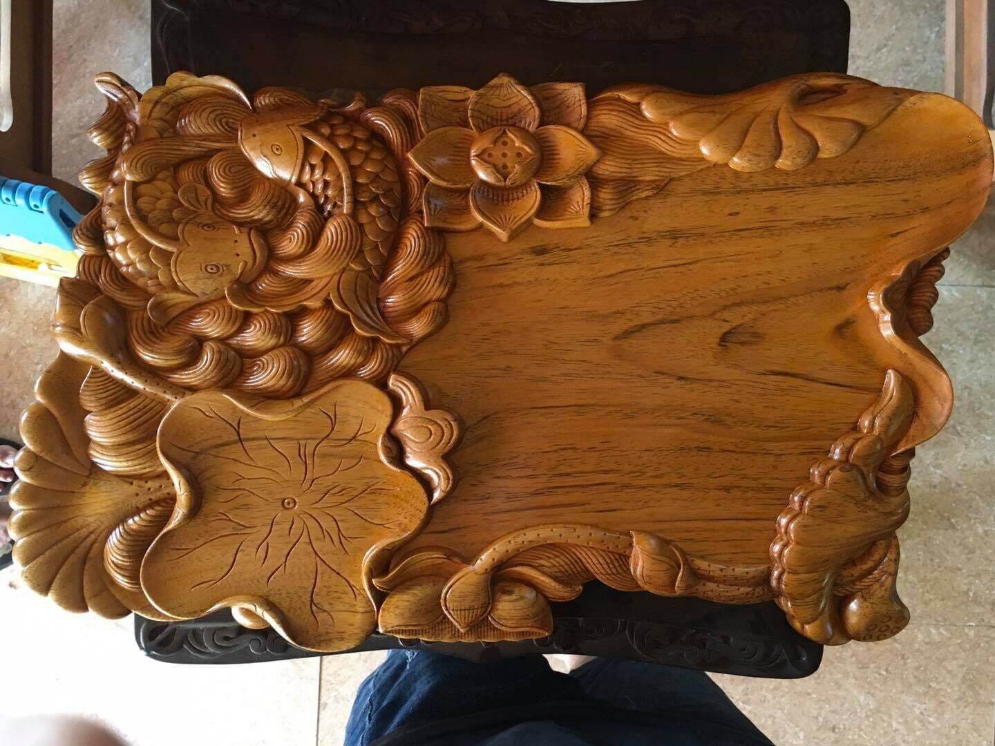 Khay trà sen cá gỗ gụ 50x30cm