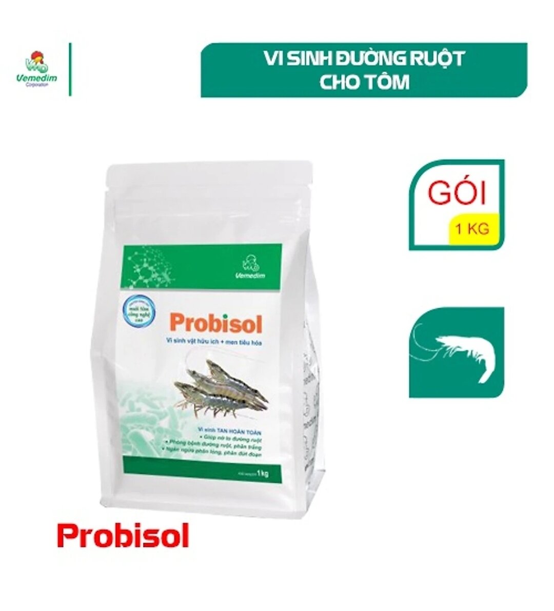 Probisol-Vi sinh cho tôm cân bằng hệ vi sinh đường ruột, ức chế sự phát triển của vi khuẩn gây bệnh, tăng đề kháng giúp tôm khỏe mạnh. Vemedim gói 1kg