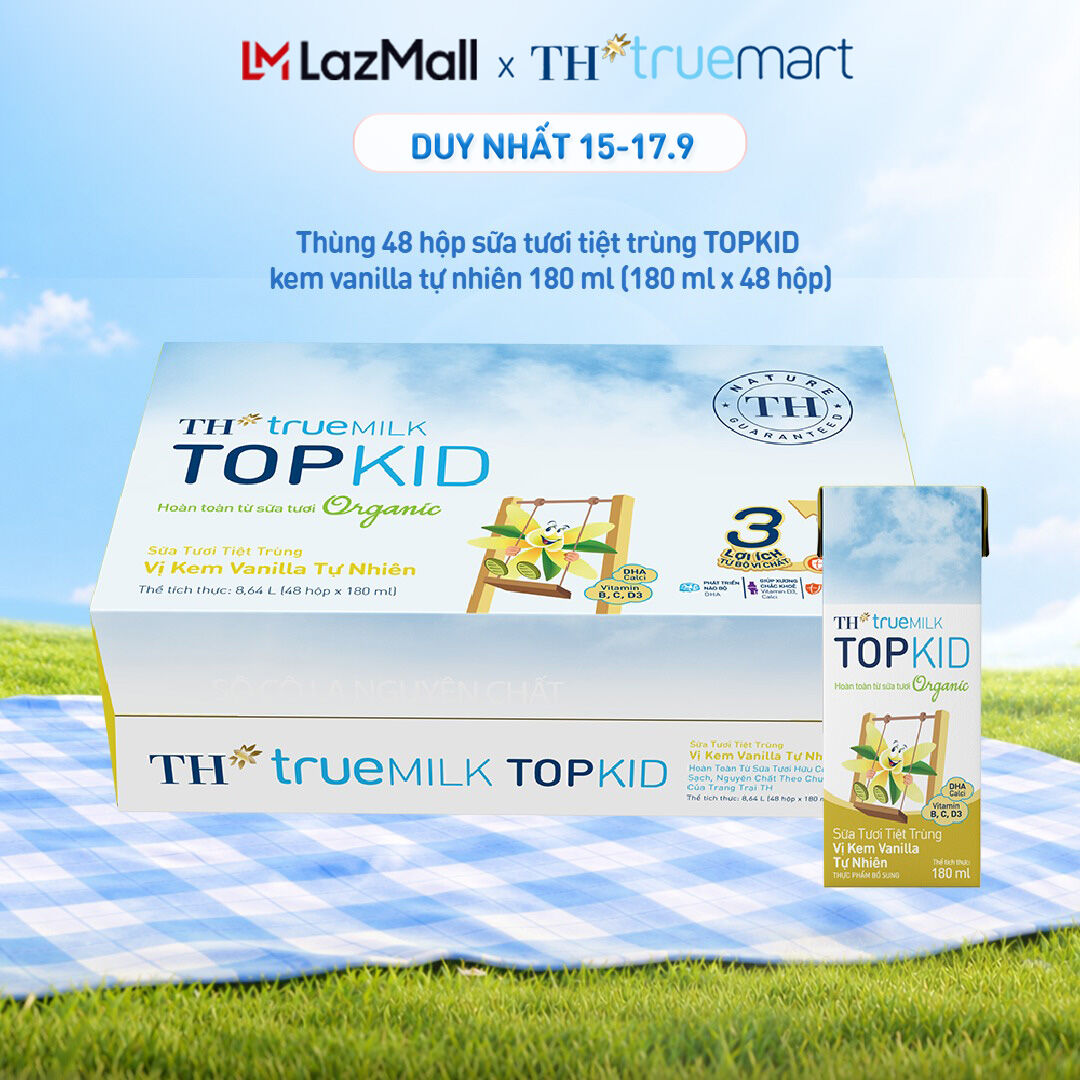Thùng 48 hộp sữa tươi tiệt trùng TOPKID kem vanilla tự nhiên TH true MILK 180ml