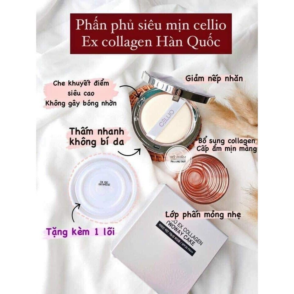 Phấn Phủ Cellio Hàn Quốc Chính Hãng 2 Lõi Phấn Siêu Mịn Dạng Nén