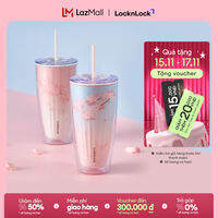 HAP522 - Ly nhựa 2 lớp Lock&Lock Cherry Blossom Wall Cold Cup dung tích 750ml - 2 màu kèm ống hút, hạn chế đổ mồ hôi
