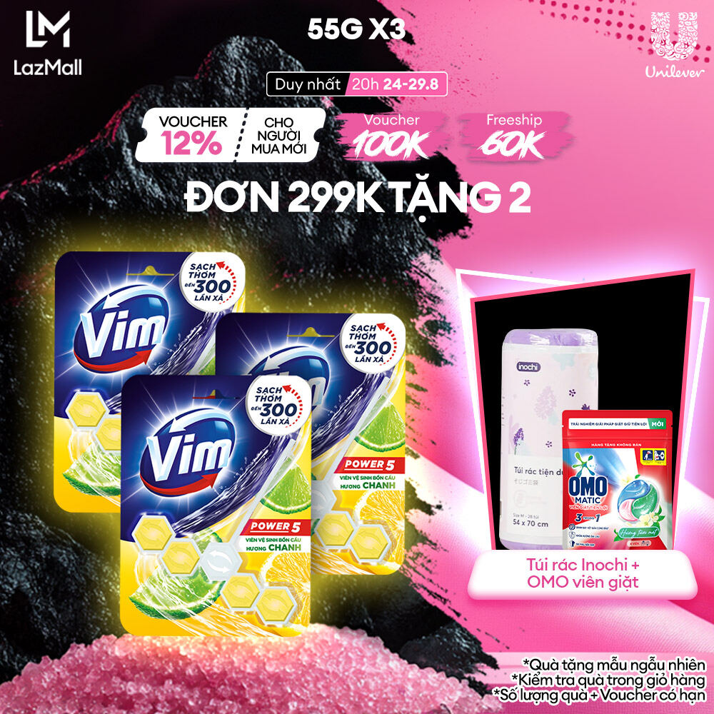 Combo 3 Viên treo bồn cầu VIM Power 5 Hương Chanh 55G x 3