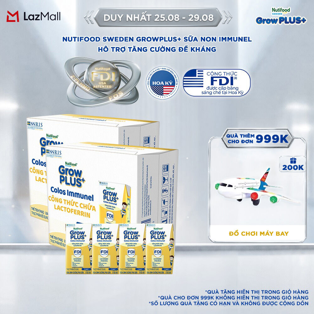 Combo 2 Thùng 24 Hộp Sữa Bột Pha Sẵn Nutifood Sweden GrowPLUS+ Sữa Non Immunel hộp 110 ml (Bao bì tuỳ lô hàng)