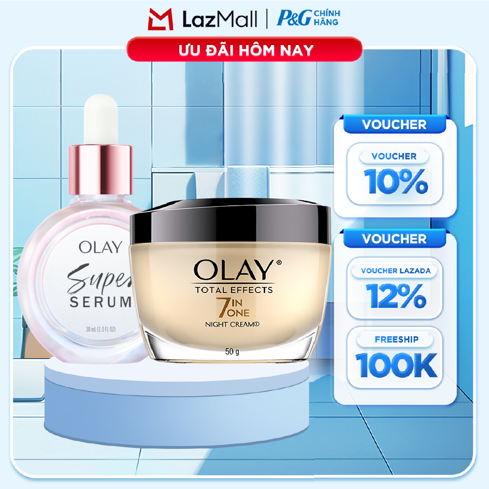 Combo 2 SUPER SERUM OLAY SỨC MẠNH TỪ 5 DƯỠNG CHẤT TRONG 1 - Chai 30ML Và Kem Dưỡng Ẩm OLAY TOTAL EFFECTS Ban Đêm 50G