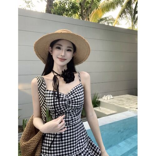 Váy Chữ a Kẻ Caro Màu Xanh Trắng Ngọt Ngào Kiểu Pháp Mùa Hè Mới Váy Đi Biển Cạp Cao Thon Gọn Váy Chữ