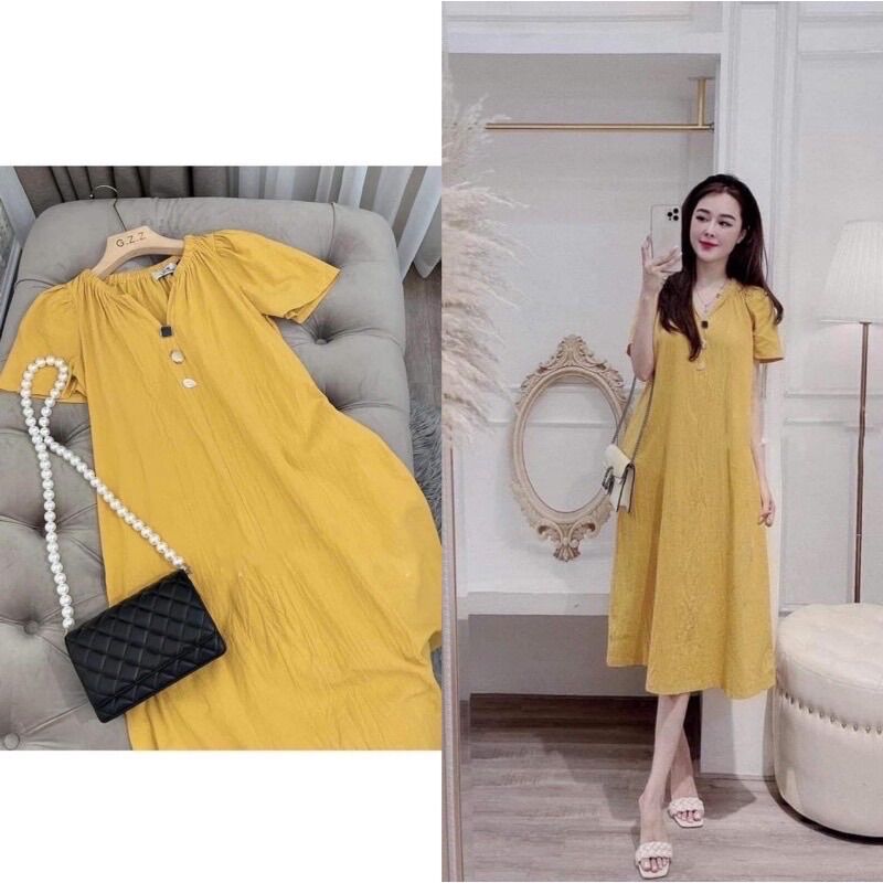 Đầm bầu vàng cổ V thời trang công sở