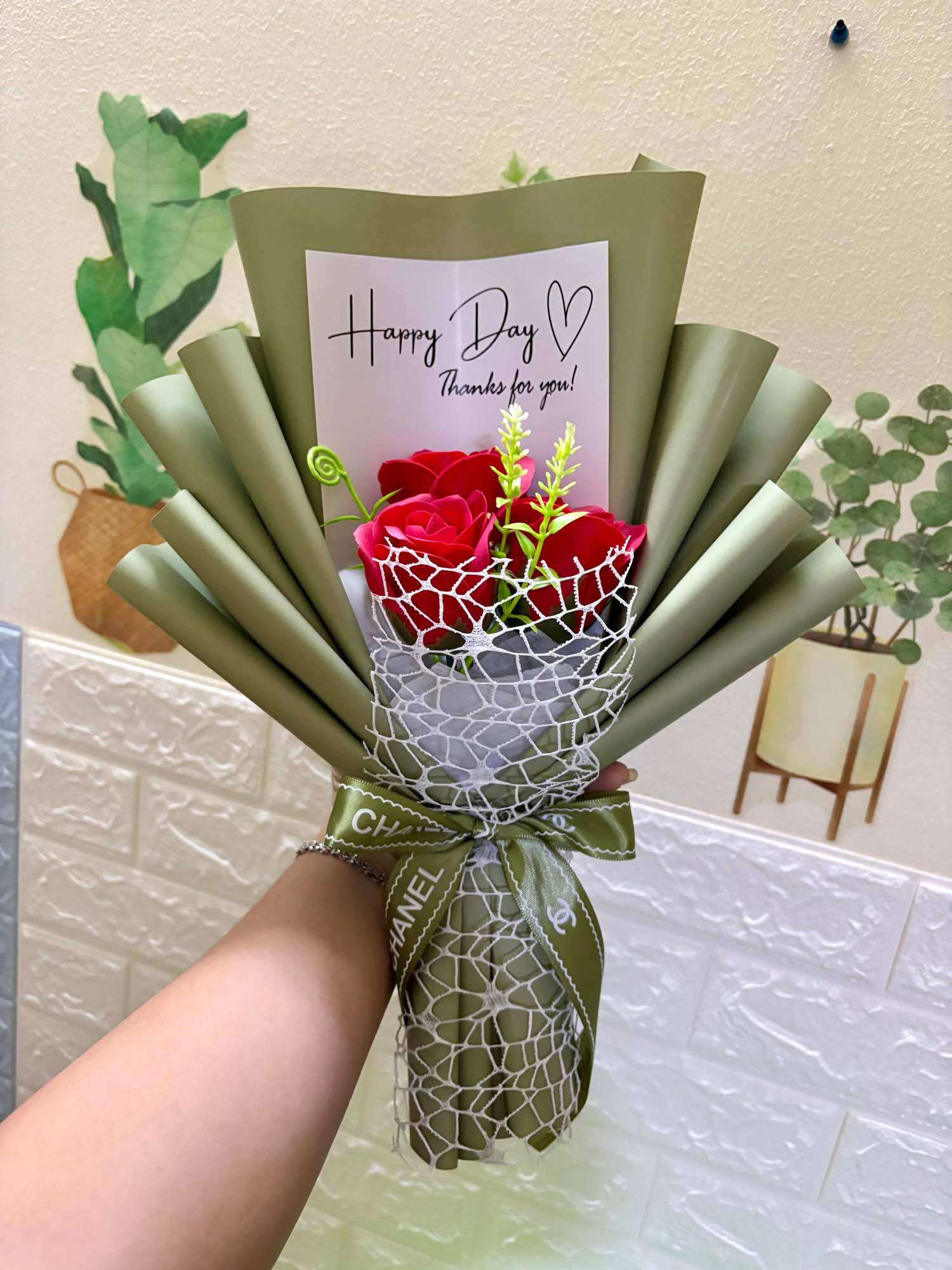 [Hcm]Wax Roses, Bouquet of 3 Flowers (with Bag + Card)