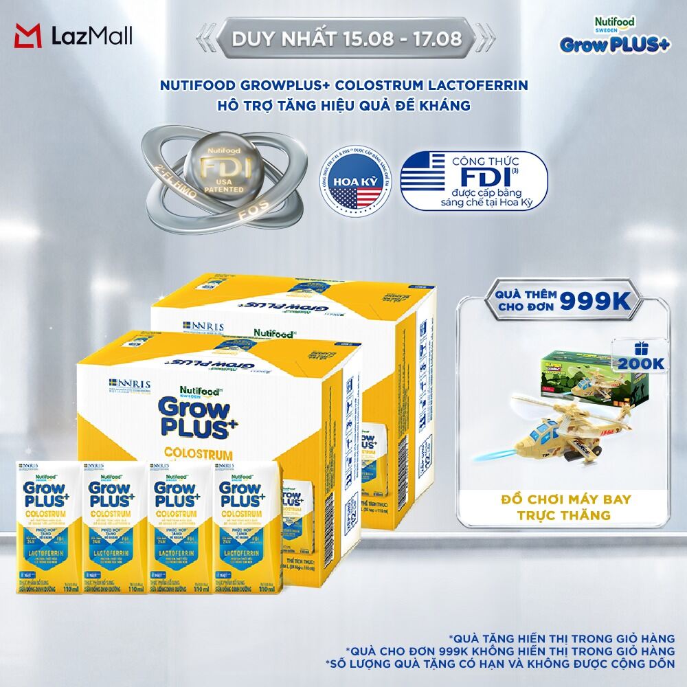 Combo 2 Thùng 24 hộp Sữa bột pha sẵn Nutifood Sweden GrowPLUS+ Colostrum Lactoferrin 110ml