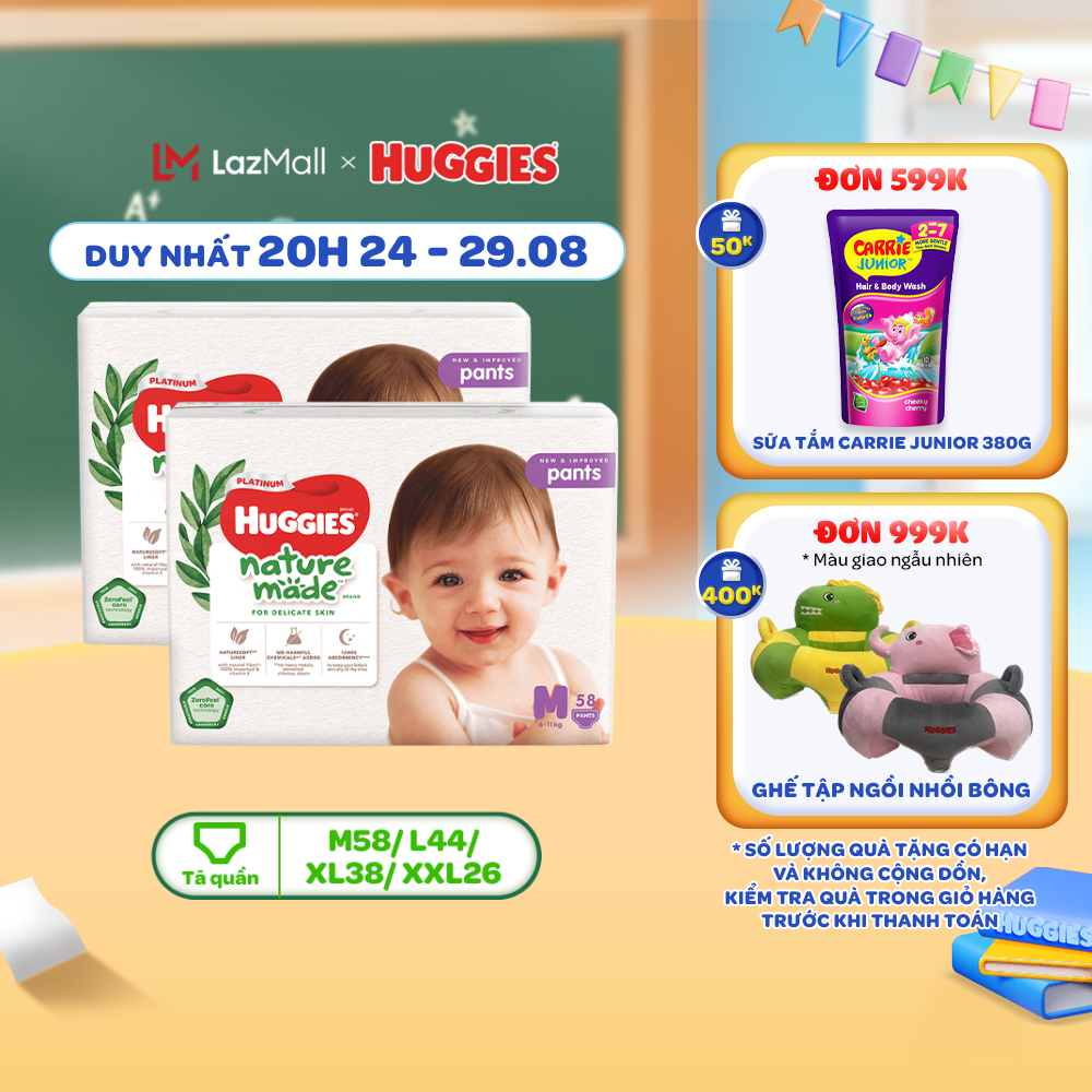 Combo 2 tã/bỉm quần huggies platinum naturemade m58/ l44/xl38/xxl26
