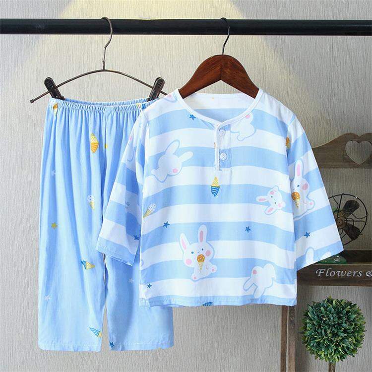 Đồ Ngủ Trẻ Em Lụa Cotton Mùa Hè Bộ Đồ Bé Trai Bộ Đồ Mặc Nhà Điều Hòa Bé Gái Mỏng Tay Dài Lụa Thô Bé Gái Em Bé