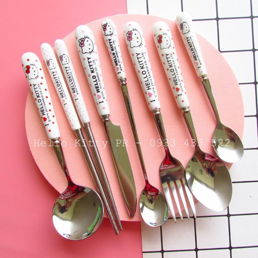 Muỗng đũa nĩa cán sứ Hello Kitty Doremon