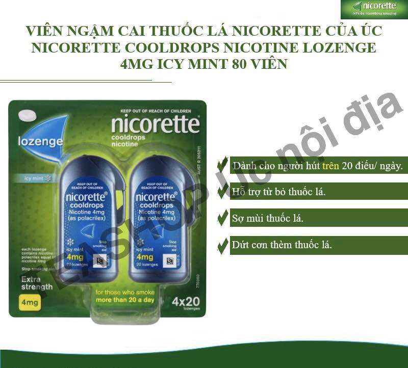 Viên Ngậm NICORETTE. 4MG LOZENGE VỊ ICY MINT GIÚP TRẮNG RĂNG VÀ BỎ THUO.C LÁ HIỆU QUẢ.