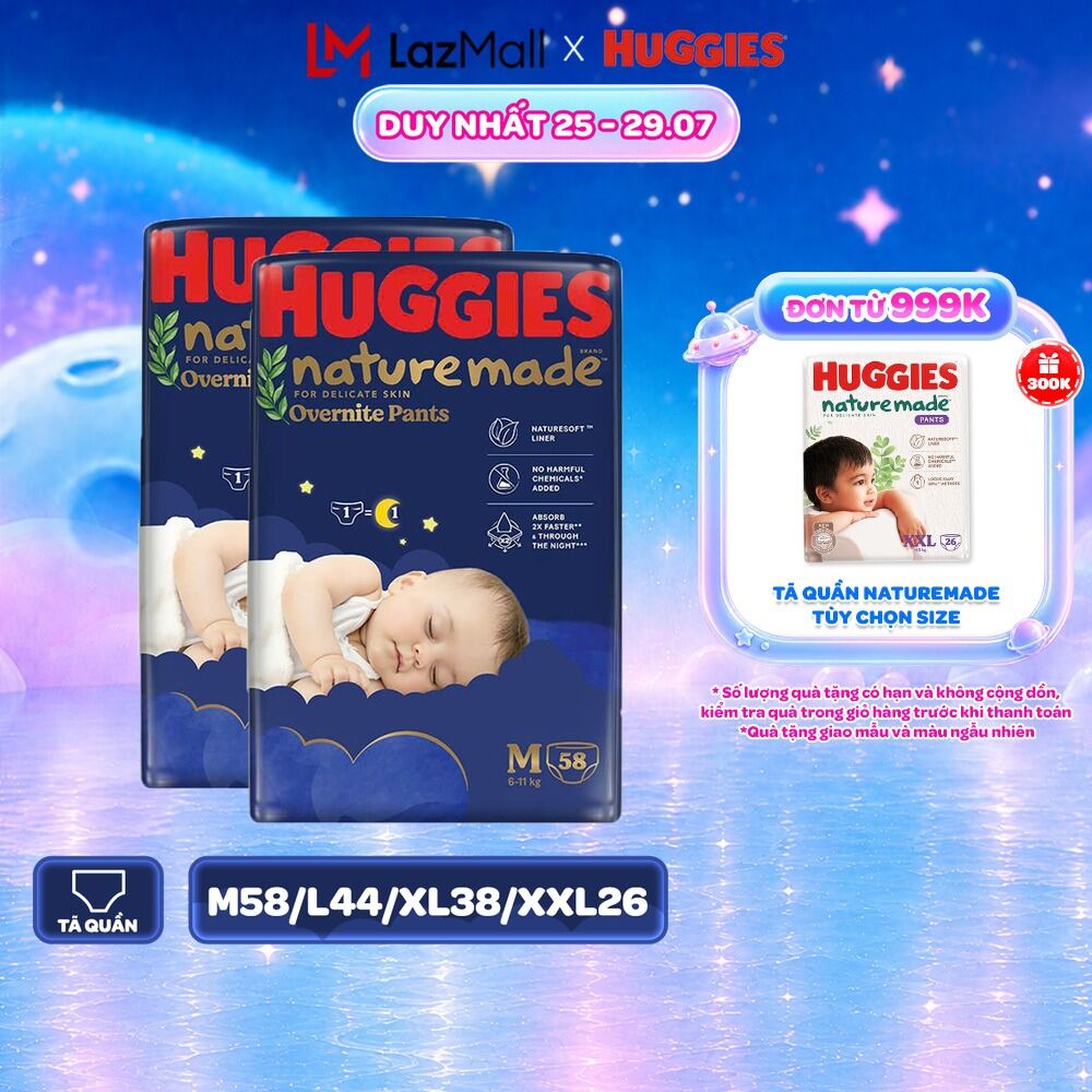 Combo 2 Tã quần Huggies Naturemade ban đêm M58/L44/XL38/XXL26