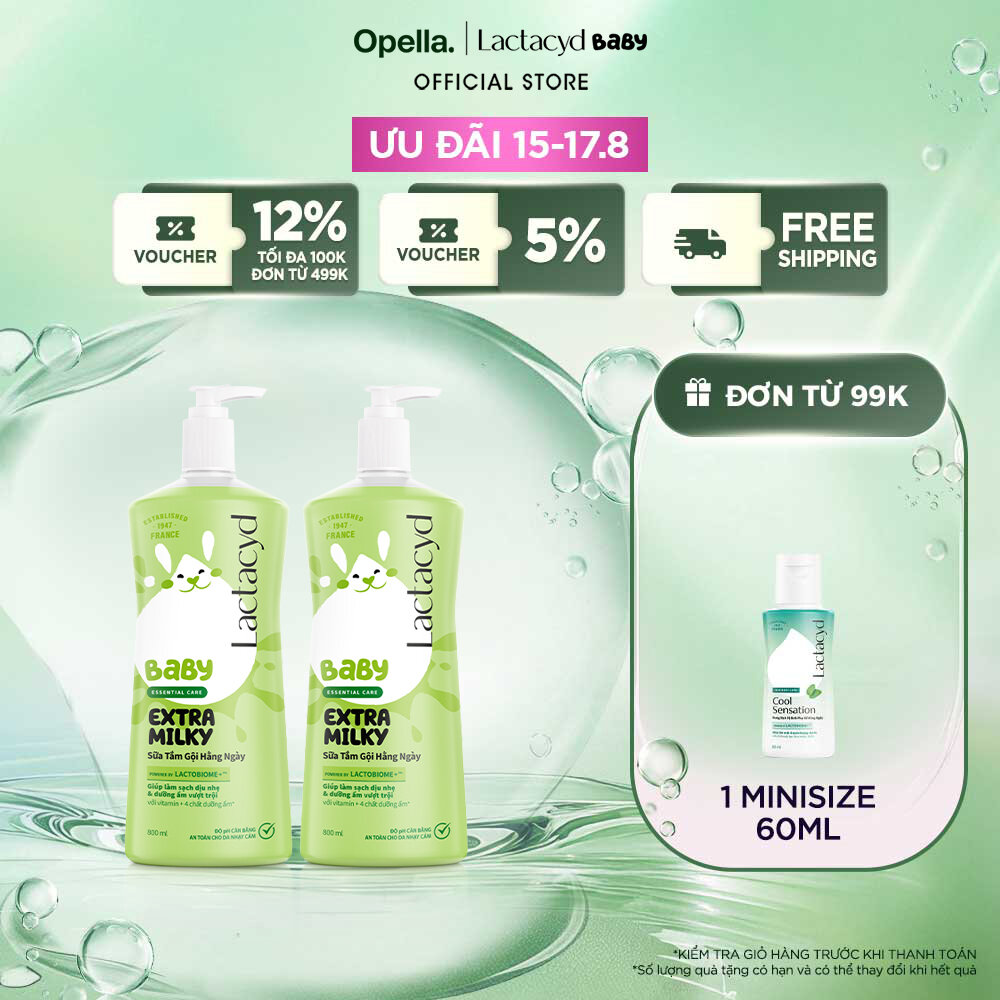 Bộ 2 Chai Sữa Tắm Gội Trẻ Em Lactacyd Baby Extra Milky Làm Sạch Dịu Nhẹ và Dưỡng Ẩm Vượt Trội Size Jumbo 800ml