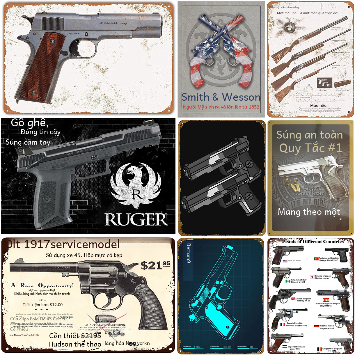 Vintage Súng Ngắn Kim Loại Tín Hiệu Ruger Smith Wesson Phong Cách Cho Quán Cafe Nhà Để Xe Thanh Câu Lạc Bộ Người Động Nghệ Thuật Treo Tường Tranh Trang Trí Có Thể Tùy Chỉnh hình Chữ Nhật Hiện Đại