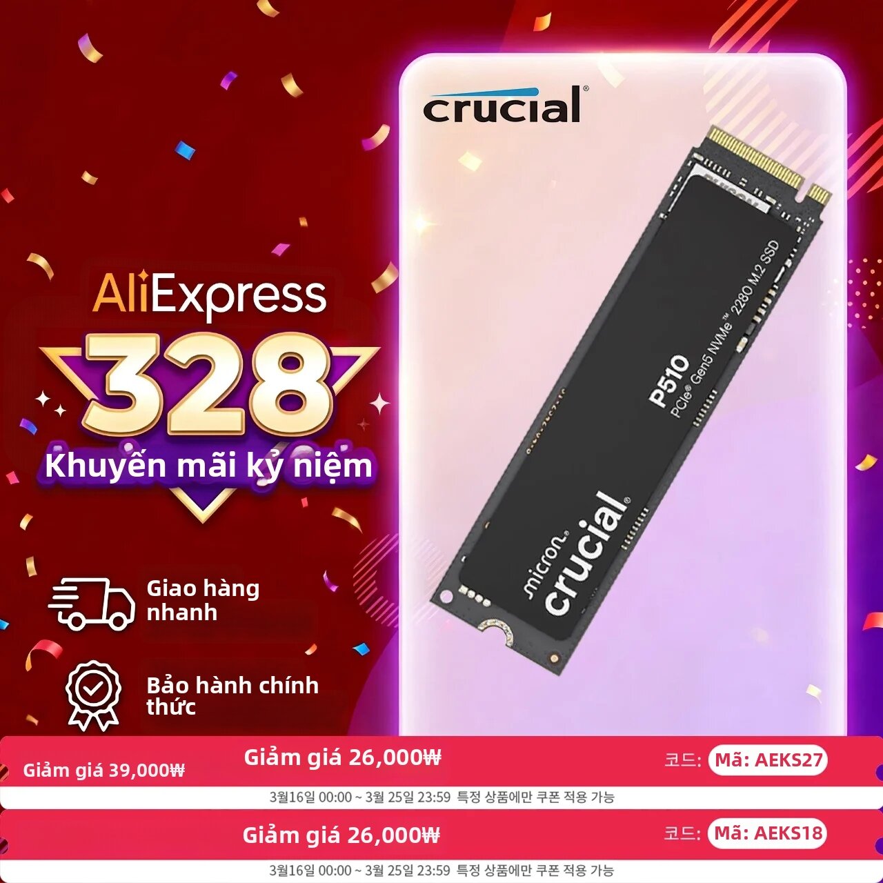 crucial | Ổ Cứng SSD Crucial P510 Gen5 PCIe 5.0 NVMe 1TB/2TB M.2 2280 Hiệu Năng Cao Dành Cho Máy Tính Để Bàn, Máy Tính Xách Tay, Gói OEM Giá 3,788,250 Đồng*Miễn phí vận chuyển