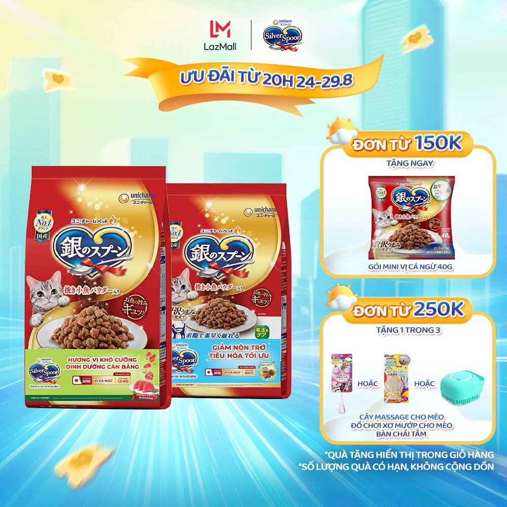 Combo 2 Thức ăn hạt cho mèo Silver Spoon - Vị Cá ngừ 1kg + Thức ăn hạt giảm nôn trớ cho mèo Silver Spoon 800g