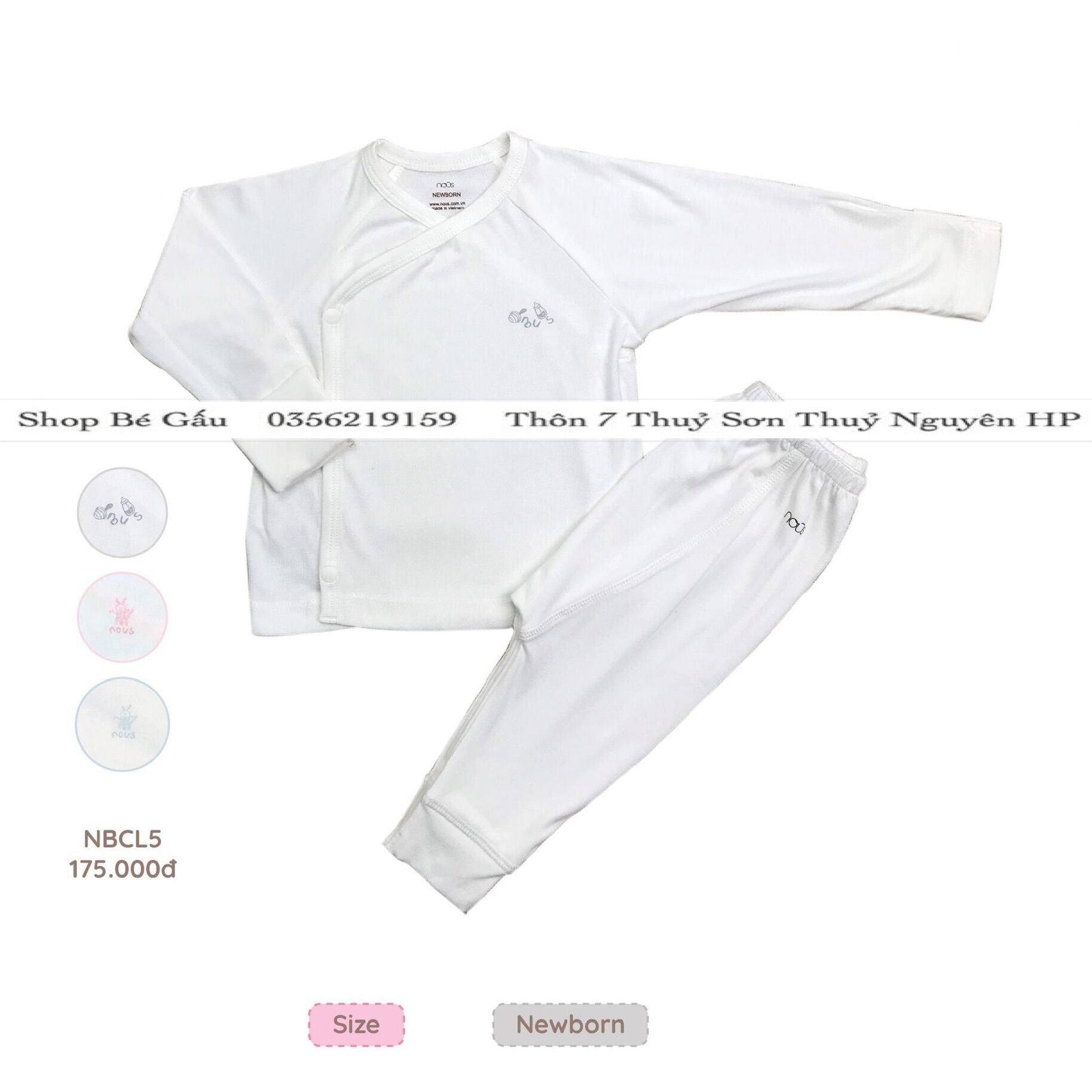 Bộ cài lệch nous newborn chất petit mềm mị cho bé 2.5 ~ 6kg
